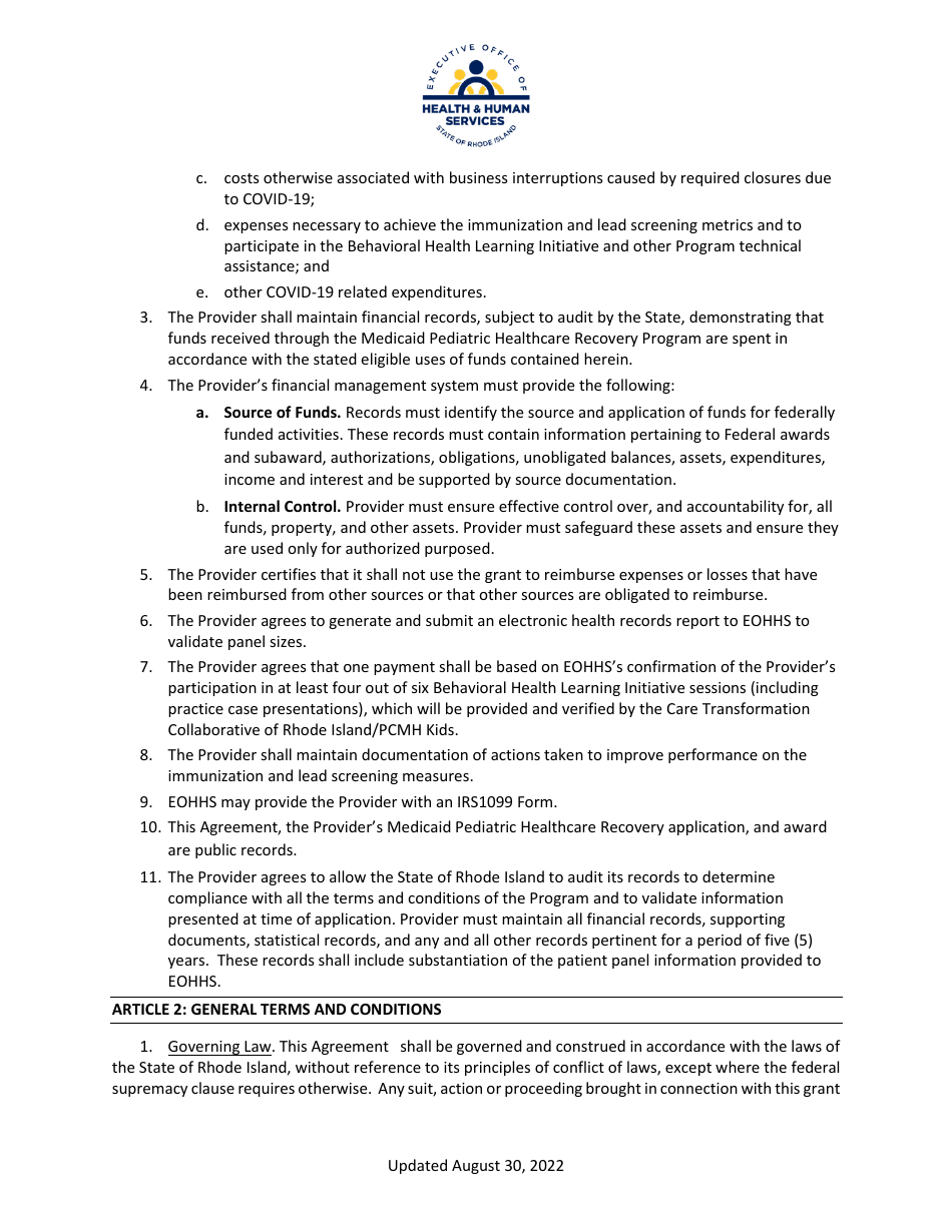 Financial Agreement and Attestations - Medicaid Pediatric Healthcare Recovery Program - Rhode Island, Page 2