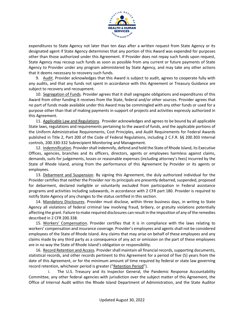 Financial Agreement and Attestations - Medicaid Pediatric Healthcare Recovery Program - Rhode Island, Page 4