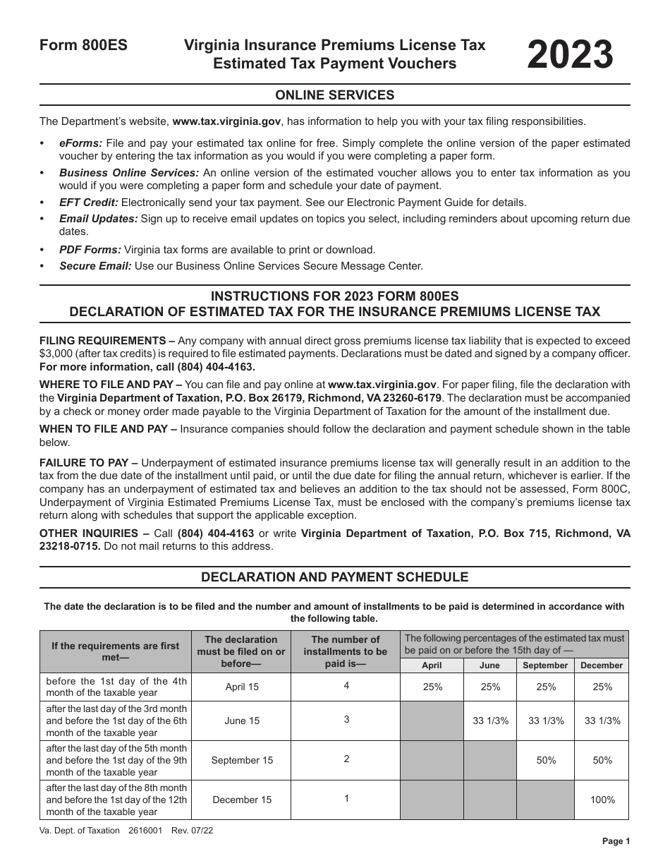 Form 800ES Download Fillable PDF or Fill Online Virginia Insurance