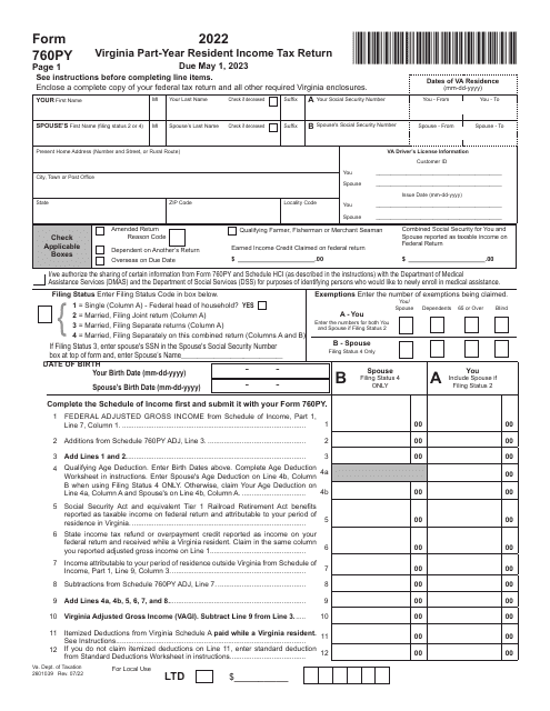 Form 760PY Virginia Part-Year Resident Income Tax Return - Virginia, 2022