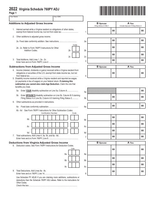 Form 760PY ADJ Schedule of Adjustments for Part-Year Residents - Virginia, 2022