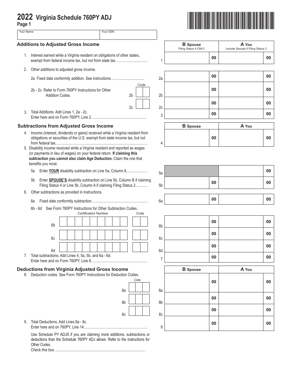 Form 760PY ADJ Schedule of Adjustments for Part-Year Residents - Virginia, Page 1