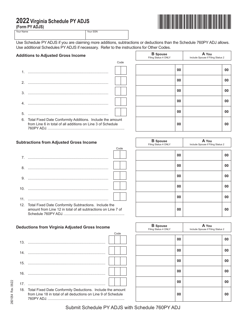 Schedule PY ADJS Supplemental Schedule of Adjustments for Part-Year Residents - Virginia, Page 1