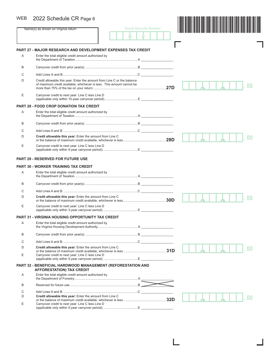 Schedule CR Credit Computation Schedule - Virginia, Page 6