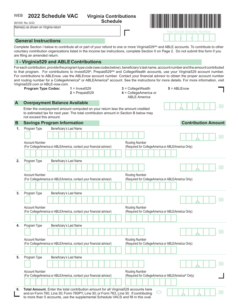 Schedule VAC Virginia Contributions Schedule - Virginia, Page 1