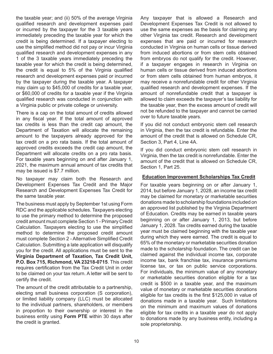 Instructions for Form 760, 760PY, 763, 765 Schedule CR - Virginia, Page 10