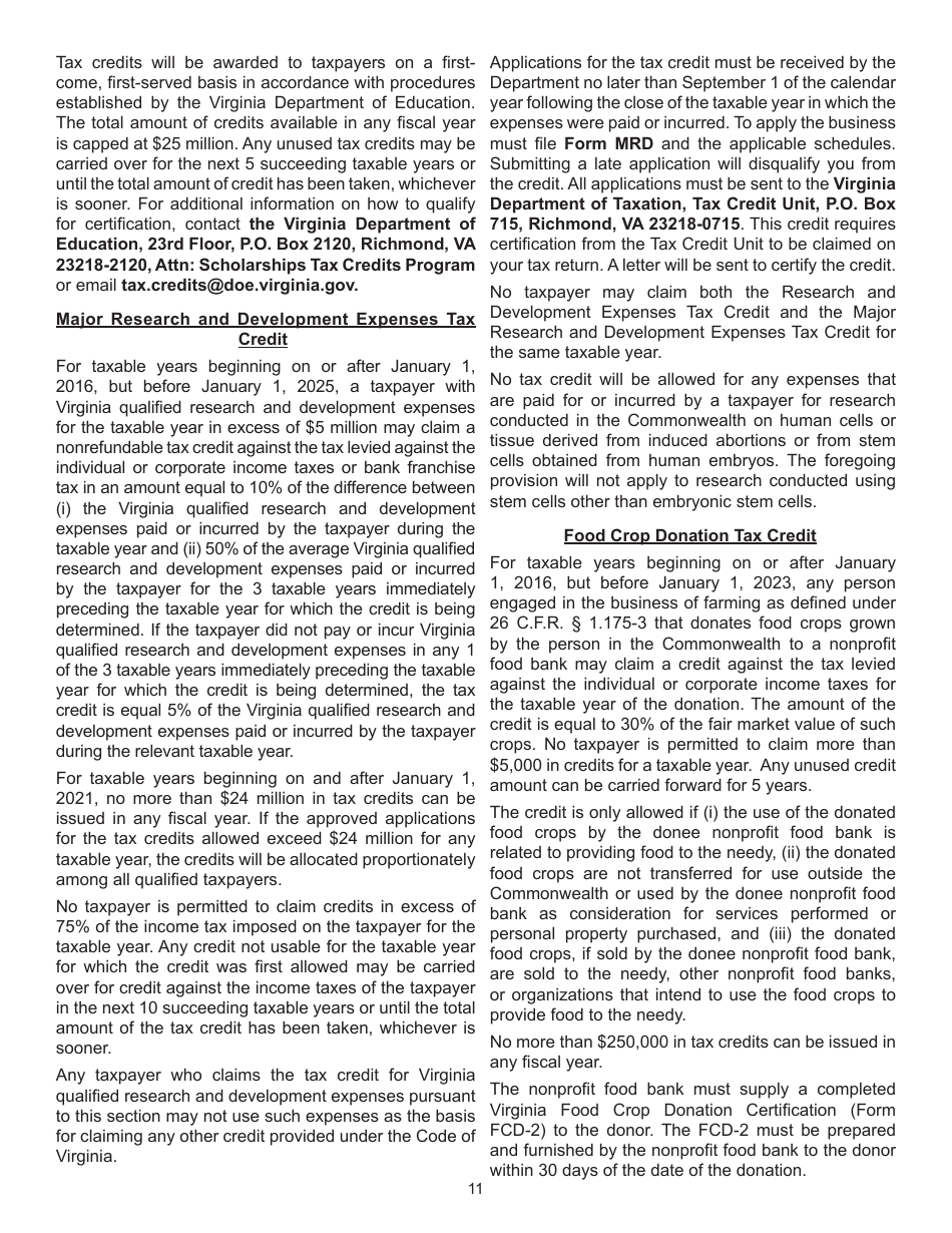 Instructions for Form 760, 760PY, 763, 765 Schedule CR - Virginia, Page 11