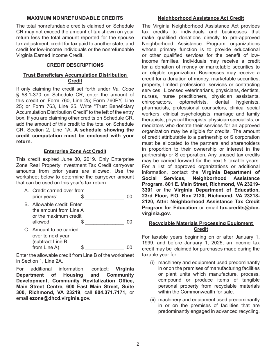 Instructions for Form 760, 760PY, 763, 765 Schedule CR - Virginia, Page 2