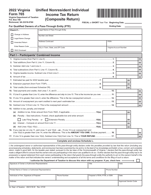 Form 765 Unified Nonresident Individual Income Tax Return (Composite Return) - Virginia, 2022