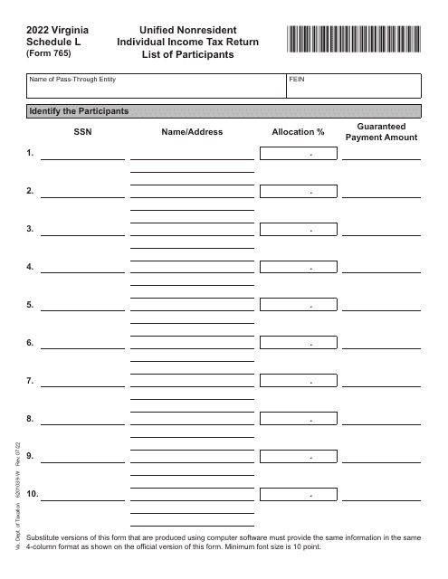 Form 765 Schedule L 2022 Printable Pdf