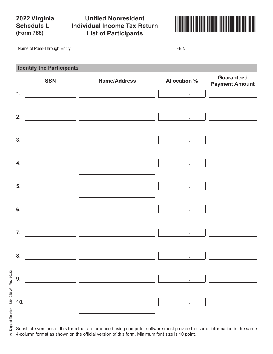 Form 765 Schedule L Unified Nonresident Individual Income Tax Return List of Participants - Virginia, Page 1