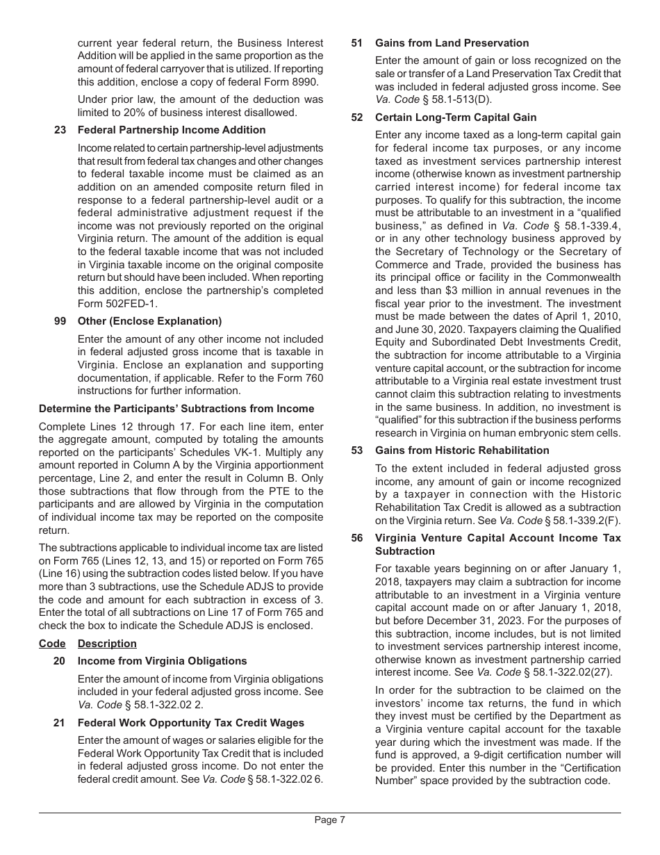 Instructions for Form 765 Unified Nonresident Individual Income Tax Return (Composite Return) - Virginia, Page 10