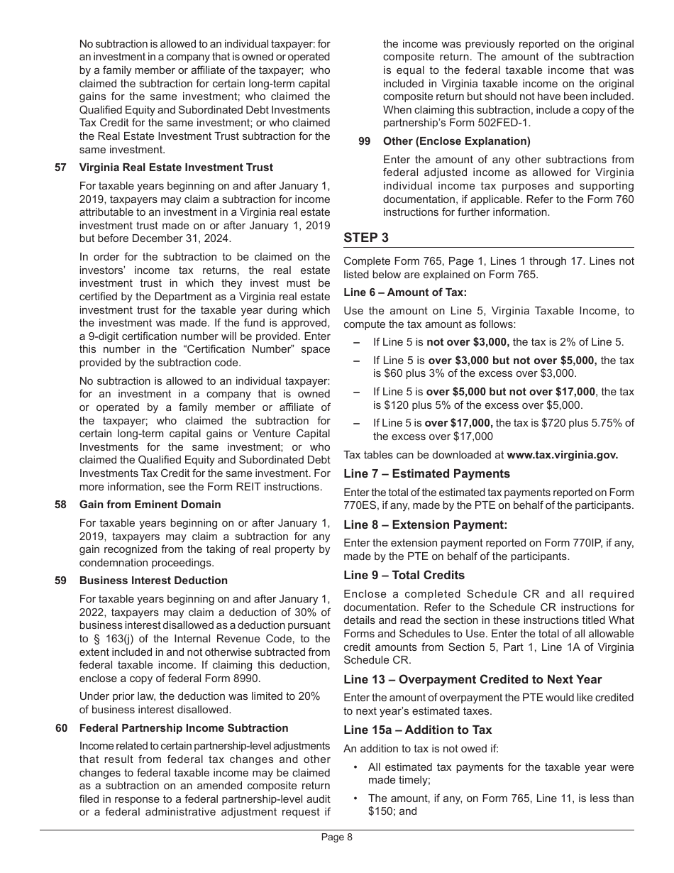Instructions for Form 765 Unified Nonresident Individual Income Tax Return (Composite Return) - Virginia, Page 11