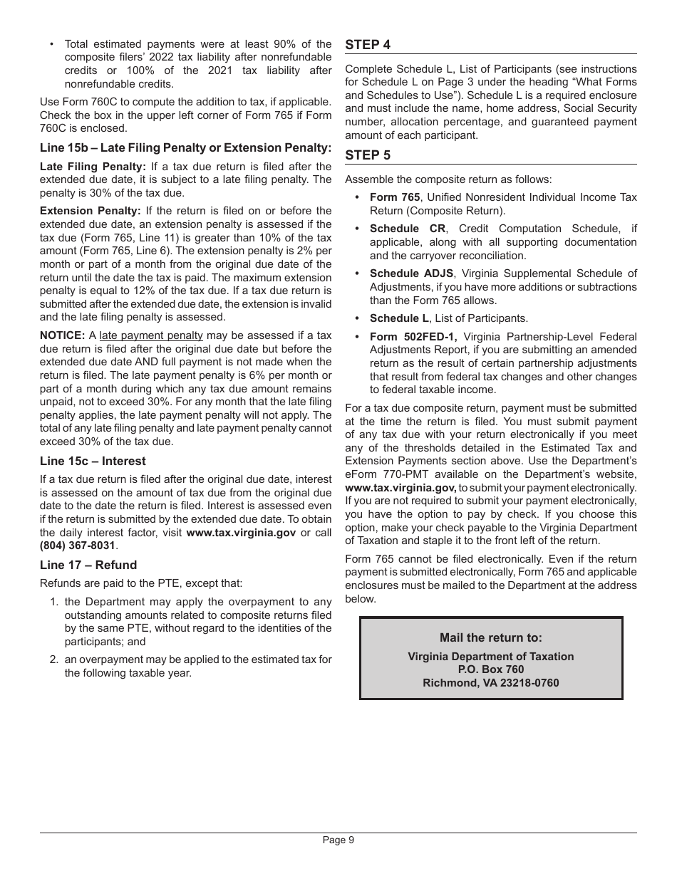 Instructions for Form 765 Unified Nonresident Individual Income Tax Return (Composite Return) - Virginia, Page 12