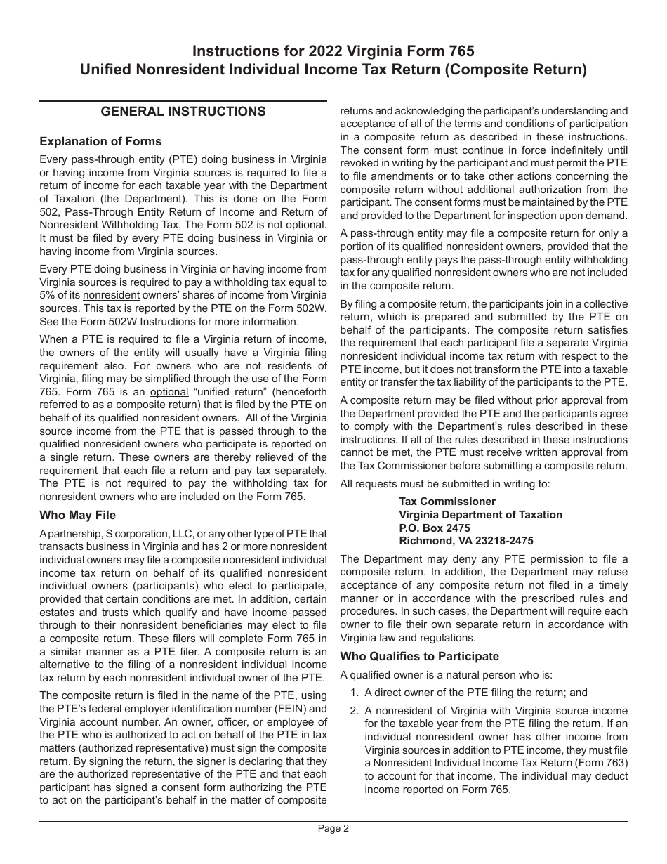 Instructions for Form 765 Unified Nonresident Individual Income Tax Return (Composite Return) - Virginia, Page 5