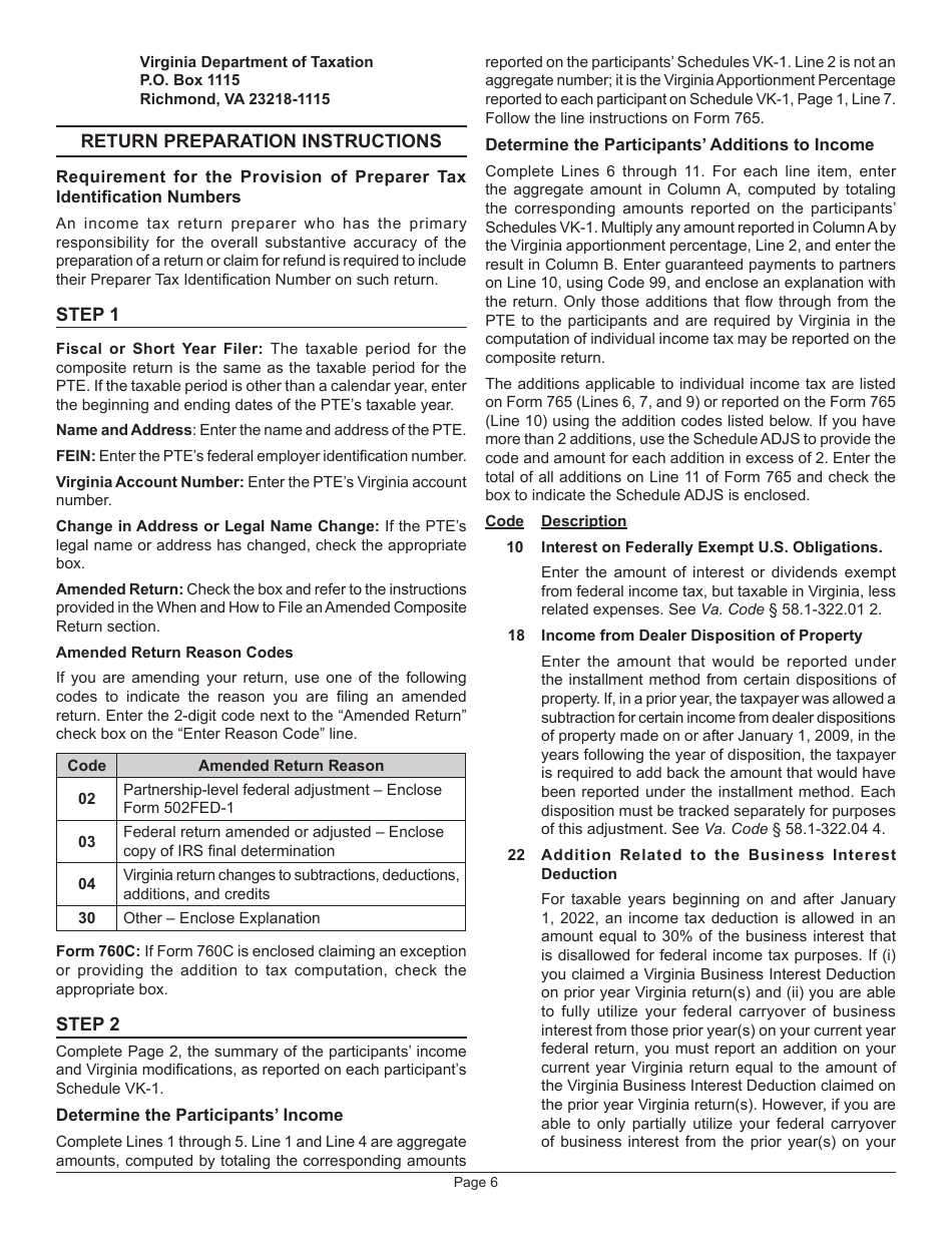 Instructions for Form 765 Unified Nonresident Individual Income Tax Return (Composite Return) - Virginia, Page 9