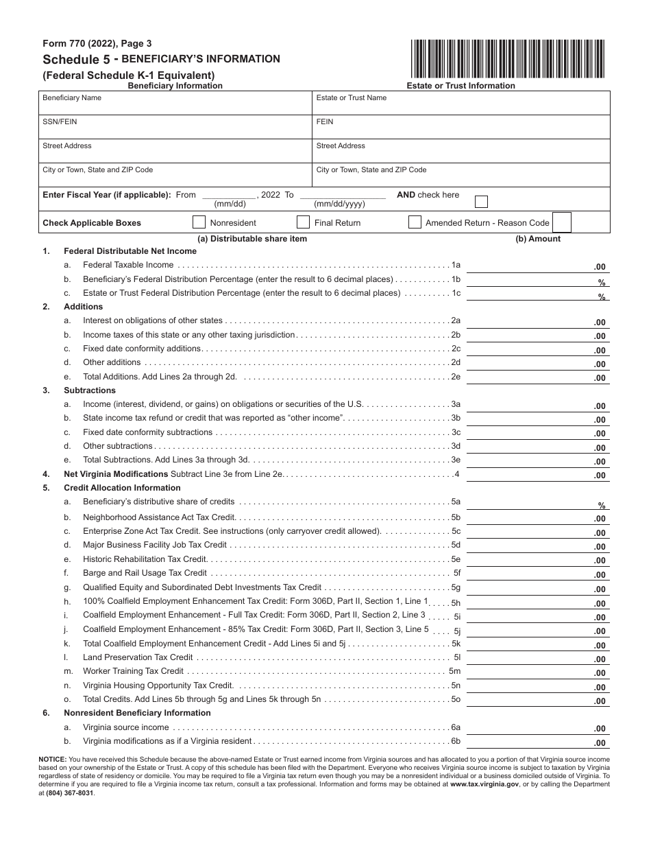 Form 770 Virginia Fiduciary Income Tax Return - Virginia, Page 3