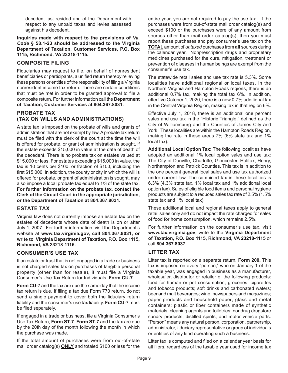 Instructions for Form 770 Virginia Fiduciary Income Tax Return - Virginia, Page 11