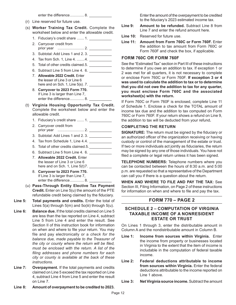 Instructions for Form 770 Virginia Fiduciary Income Tax Return - Virginia, Page 14