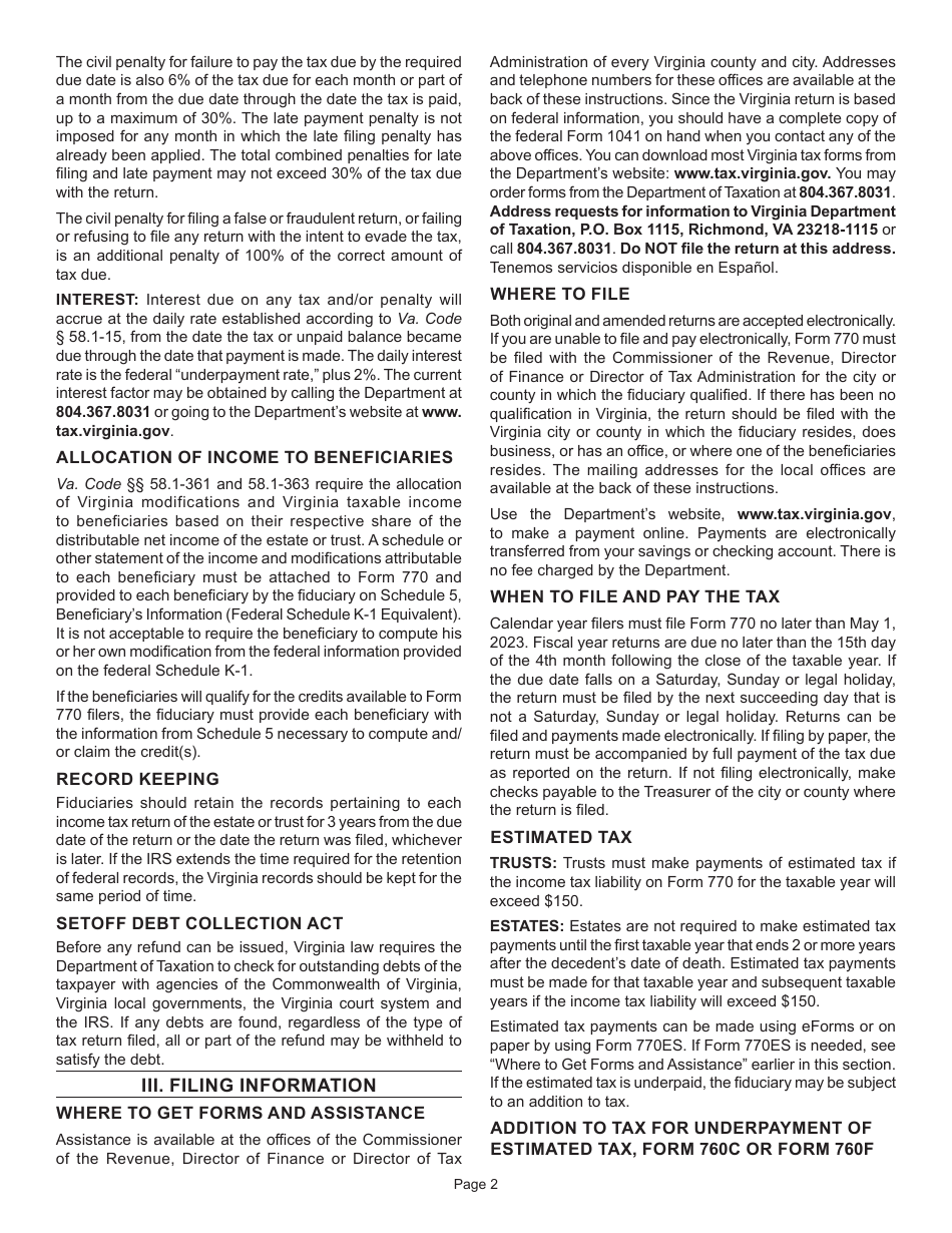 Instructions for Form 770 Virginia Fiduciary Income Tax Return - Virginia, Page 4