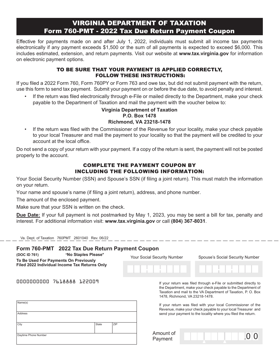 Form 760-PMT Payment Coupon for Previously Filed Individual Income Tax Returns - Virginia, Page 1