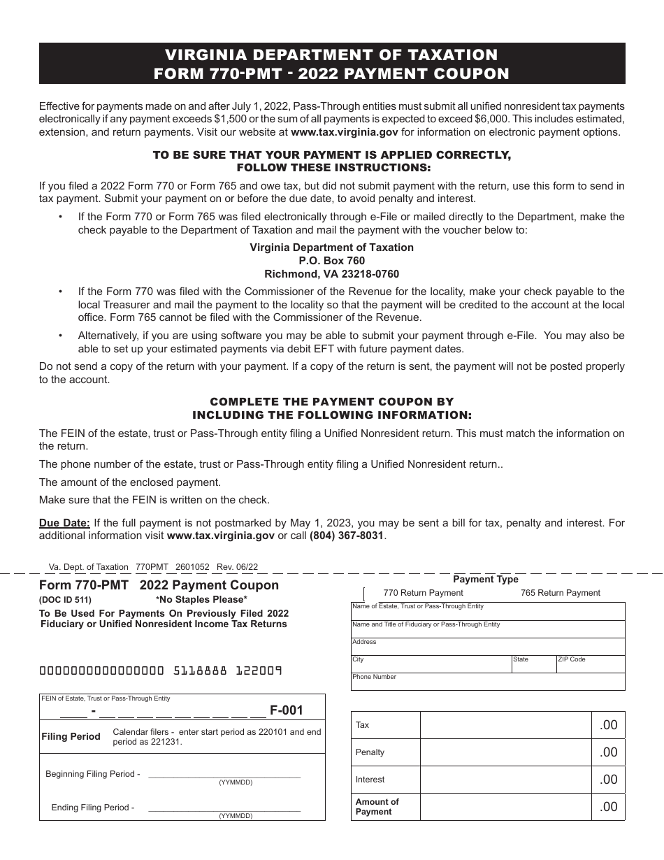 Form 770-PMT Payment Voucher for Previously Filed Fiduciary Income Tax Returns - Virginia, Page 1