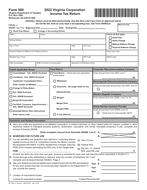 Form 500 Virginia Corporation Income Tax Return - Virginia, 2022