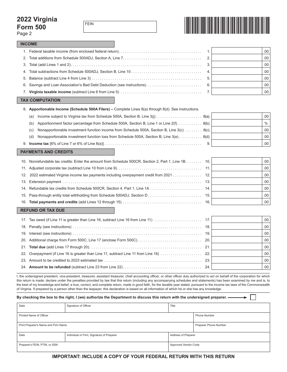 Form 500 Virginia Corporation Income Tax Return - Virginia, Page 2