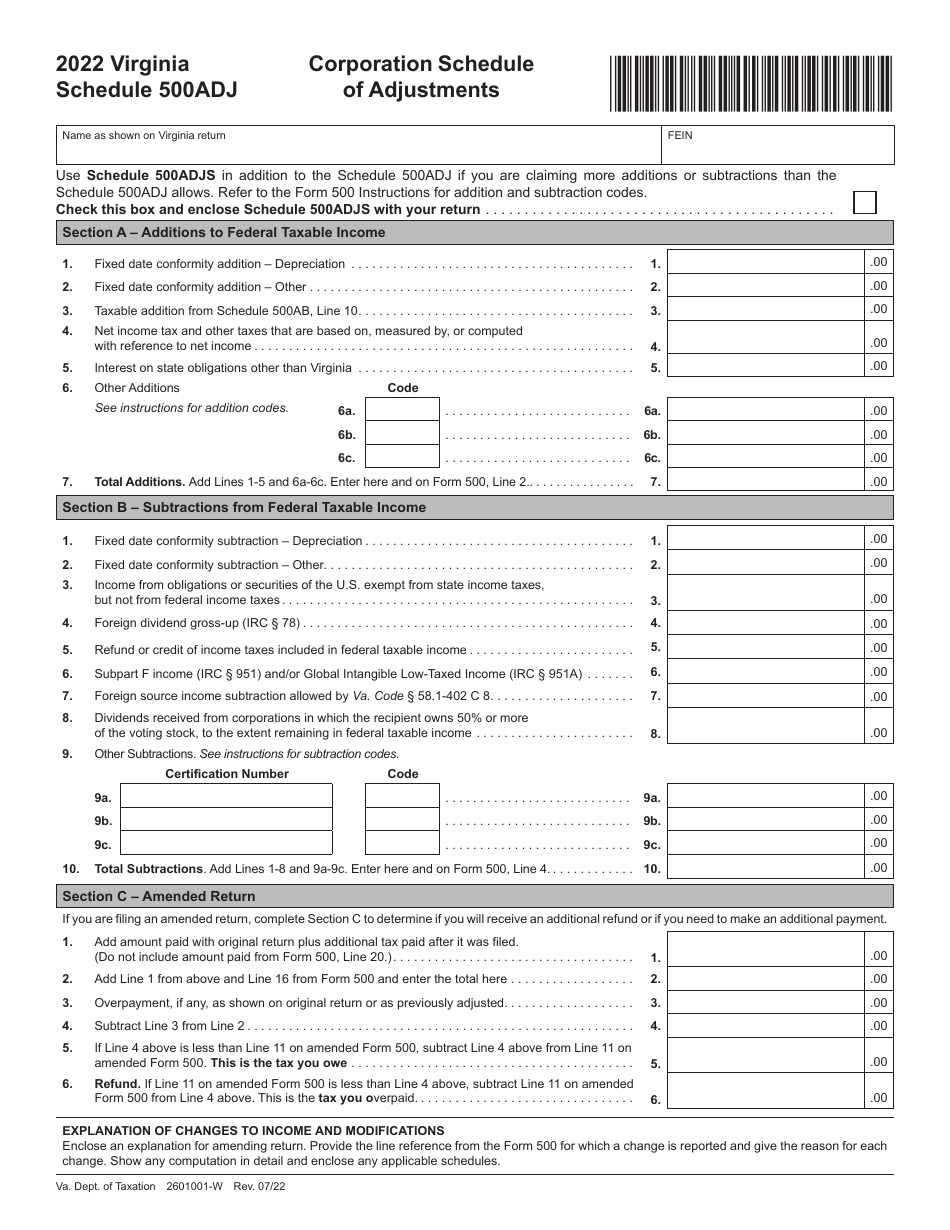 Schedule 500ADJ Corporation Schedule of Adjustments - Virginia, Page 1