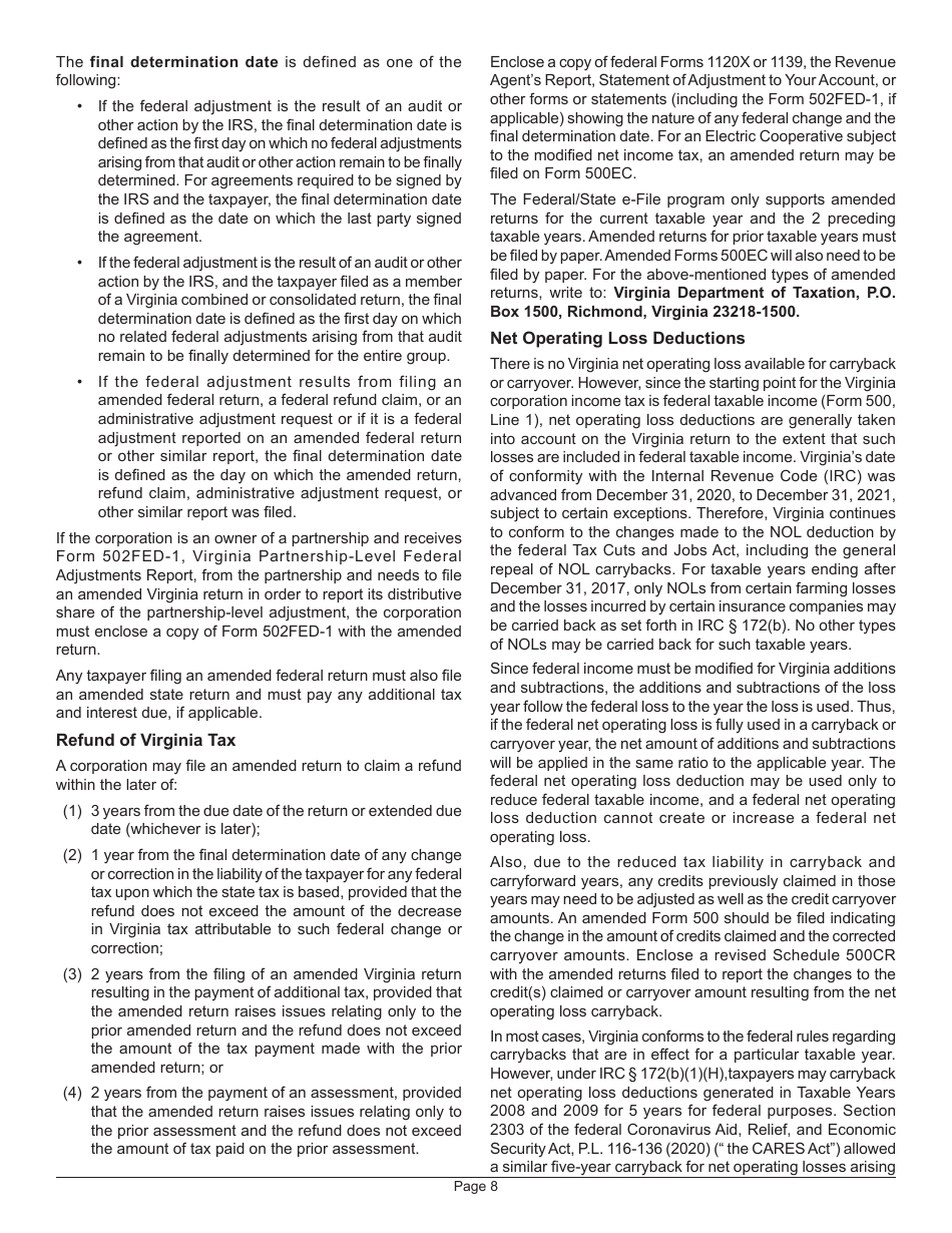 Instructions for Form 500 Virginia Corporation Income Tax Return - Virginia, Page 10