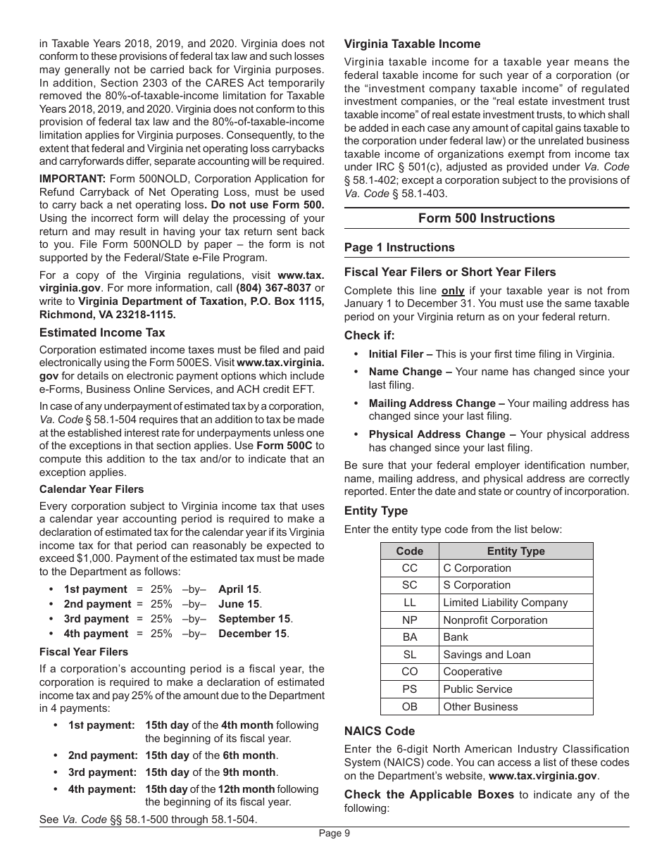 Instructions for Form 500 Virginia Corporation Income Tax Return - Virginia, Page 11