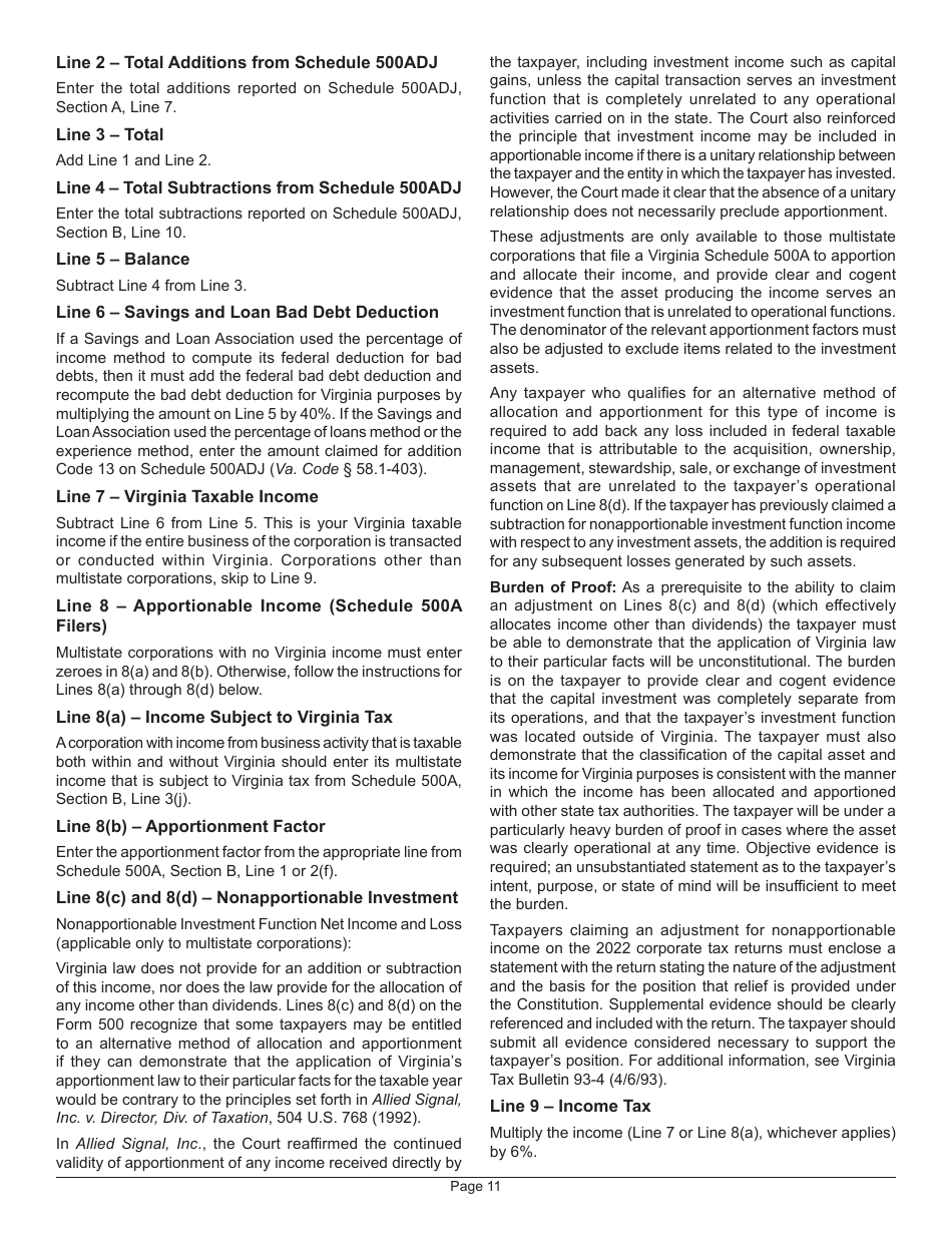 Instructions for Form 500 Virginia Corporation Income Tax Return - Virginia, Page 13