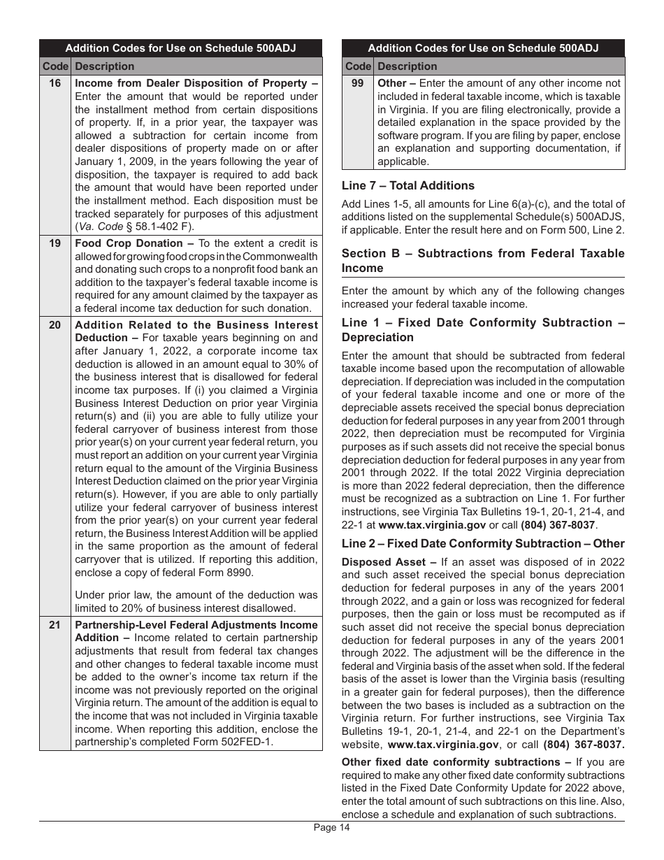 Instructions for Form 500 Virginia Corporation Income Tax Return - Virginia, Page 16