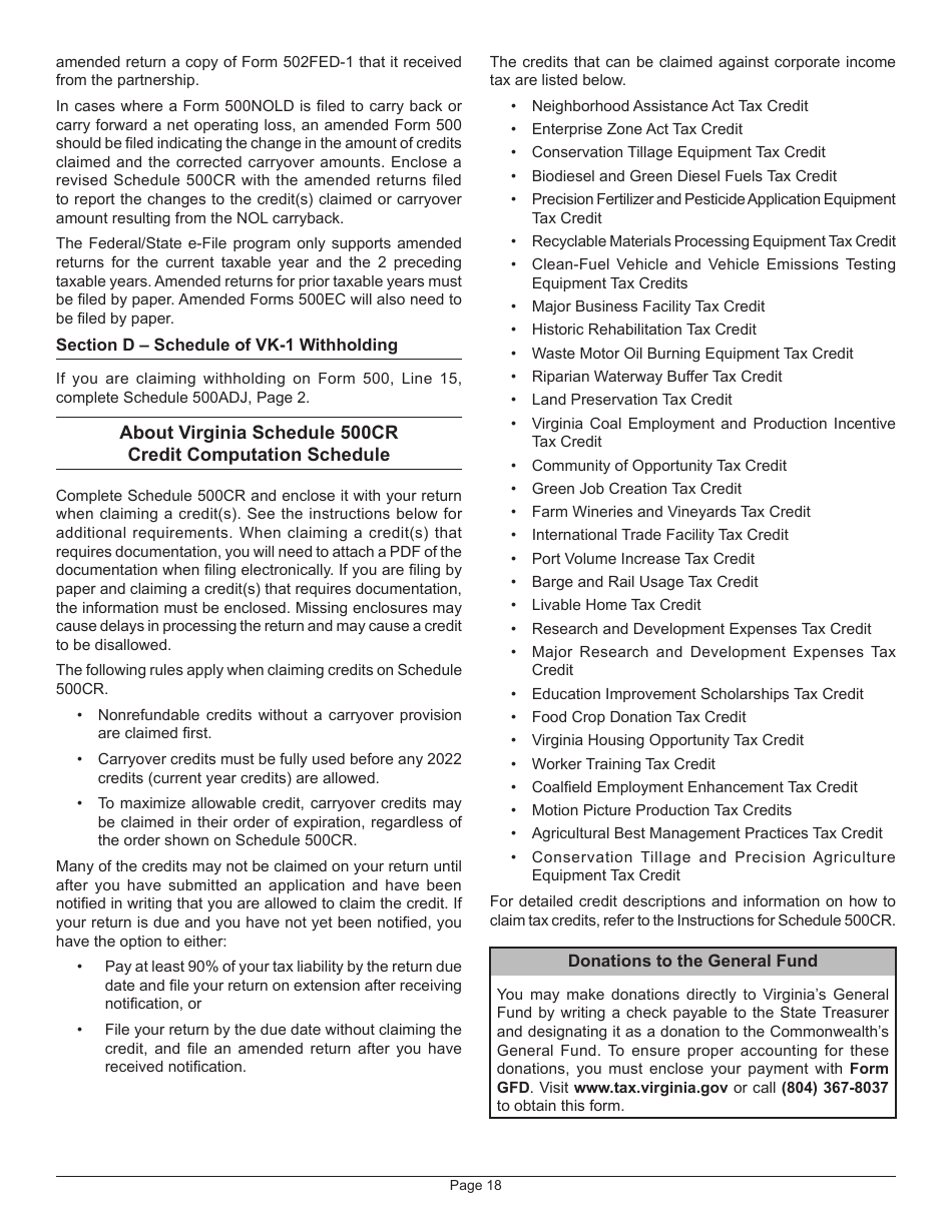 Instructions for Form 500 Virginia Corporation Income Tax Return - Virginia, Page 20