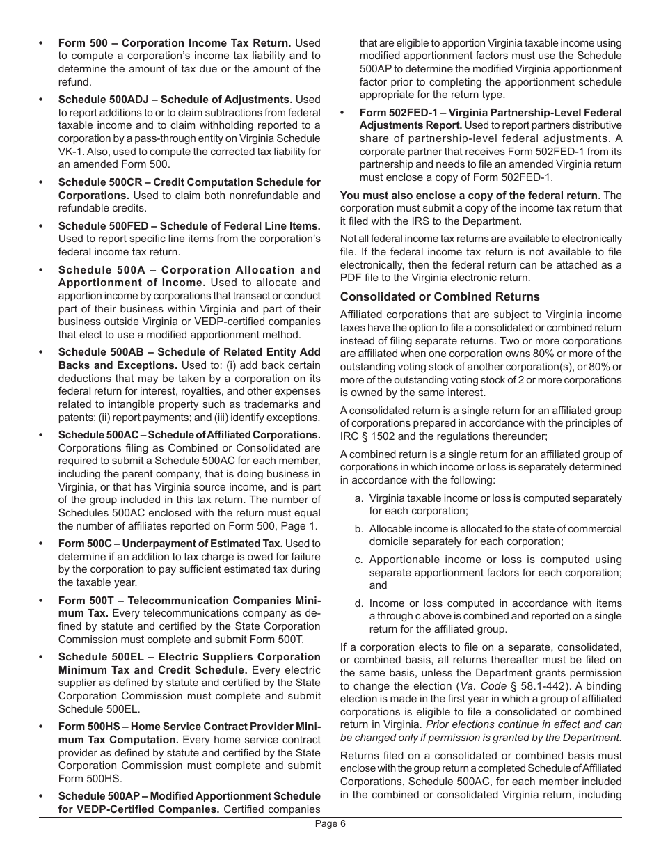 Instructions for Form 500 Virginia Corporation Income Tax Return - Virginia, Page 8