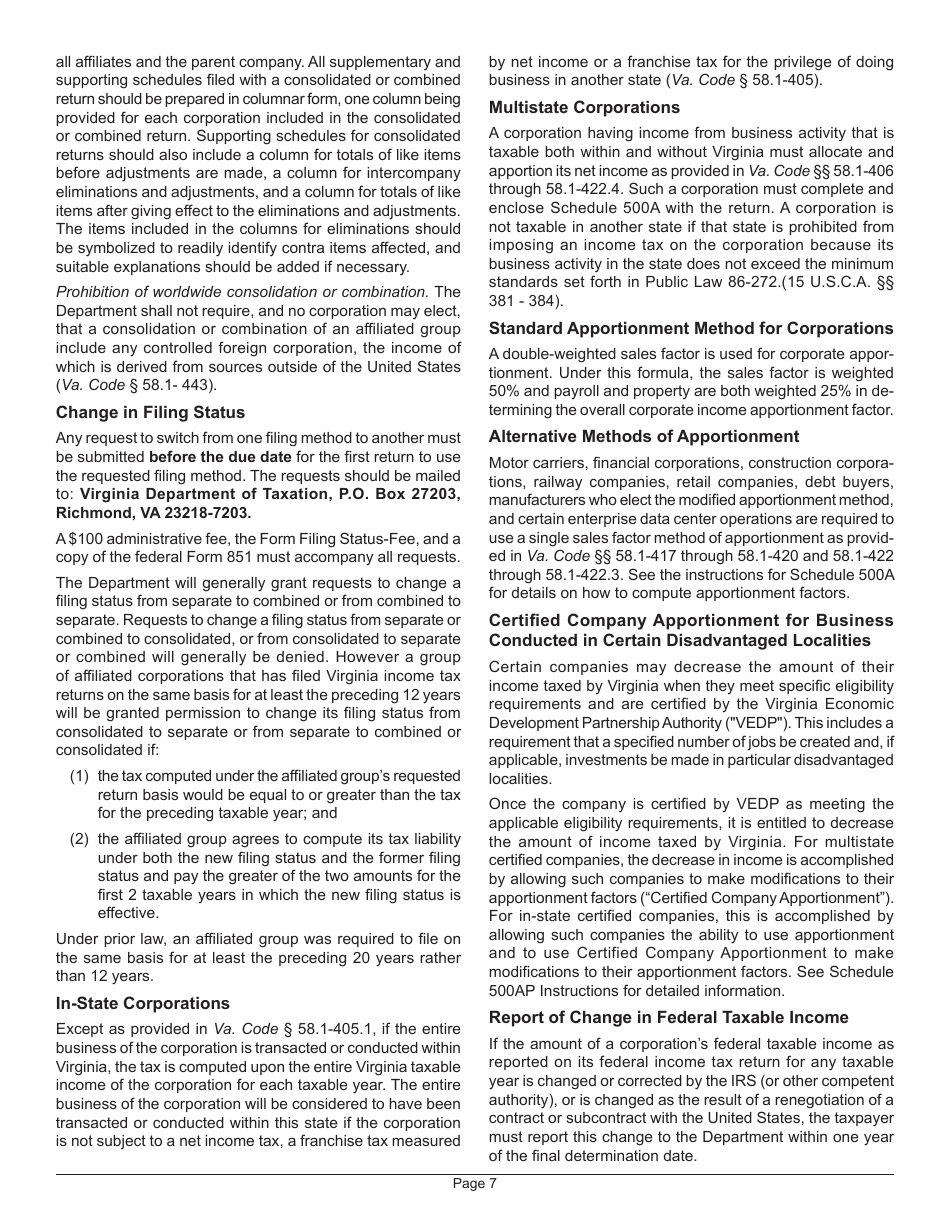 Instructions for Form 500 Virginia Corporation Income Tax Return - Virginia, Page 9