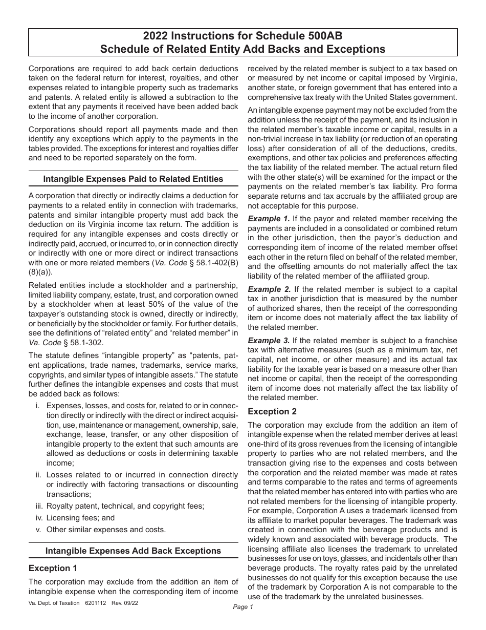 Instructions for Schedule 500AB Schedule of Related Entity Add Backs and Exceptions - Virginia, Page 1