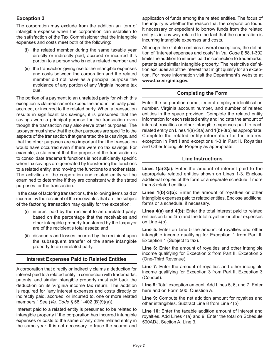 Instructions for Schedule 500AB Schedule of Related Entity Add Backs and Exceptions - Virginia, Page 2