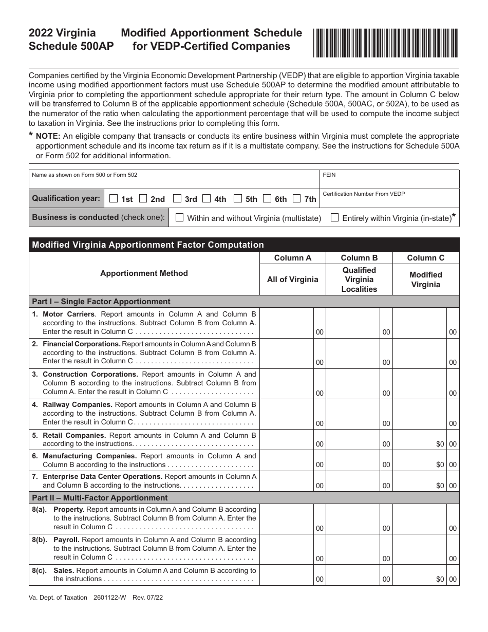 Modified Schedule Form 2022 Virginia Modified Apportionment Schedule for Vedp-Certified ...