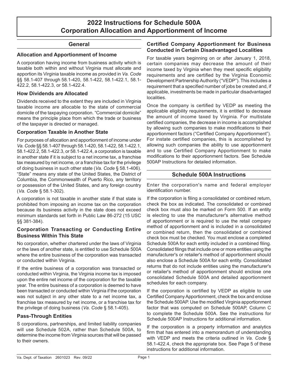 Instructions for Schedule 500A Corporation Allocation and Apportionment of Income - Virginia, Page 1