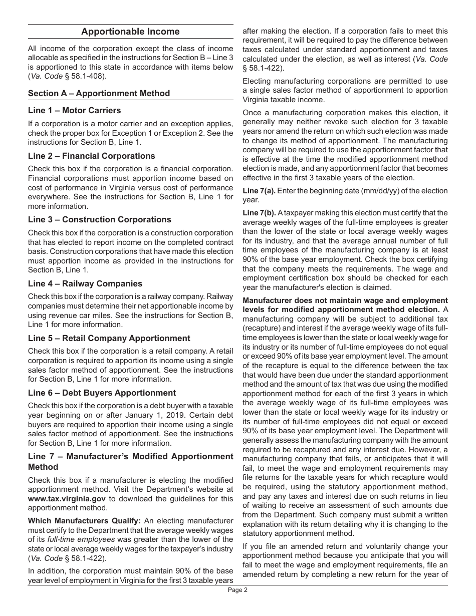 Instructions for Schedule 500A Corporation Allocation and Apportionment of Income - Virginia, Page 2