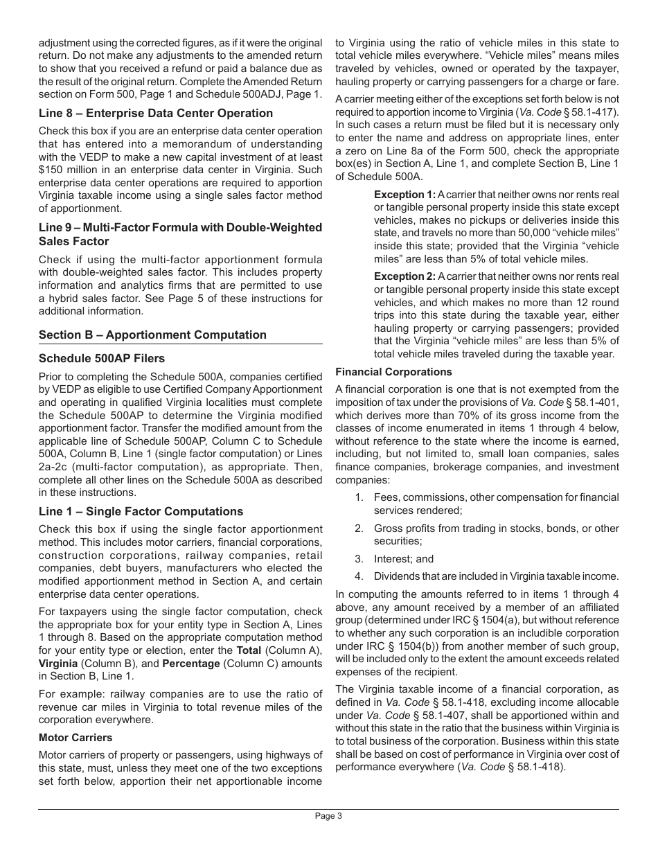 Instructions for Schedule 500A Corporation Allocation and Apportionment of Income - Virginia, Page 3