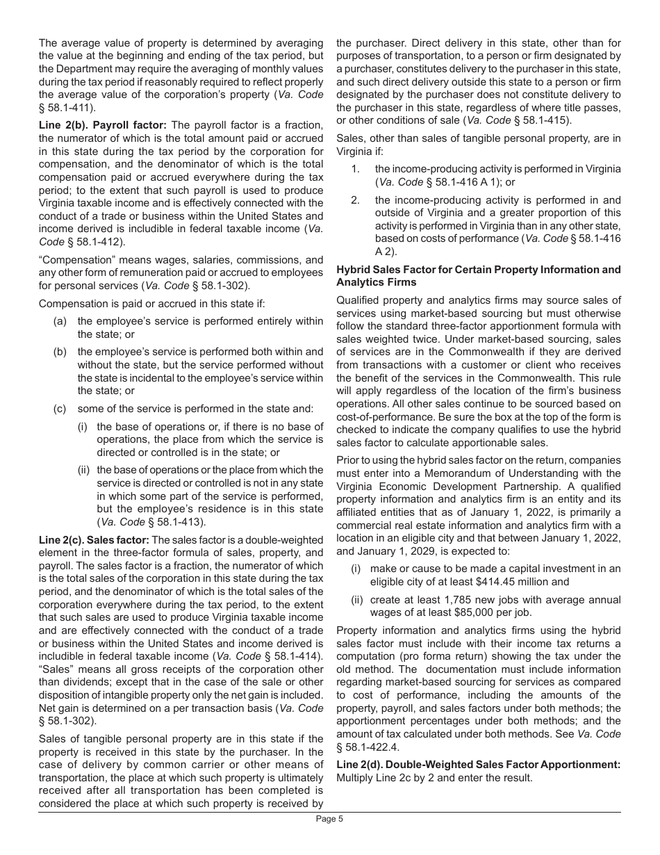 Instructions for Schedule 500A Corporation Allocation and Apportionment of Income - Virginia, Page 5