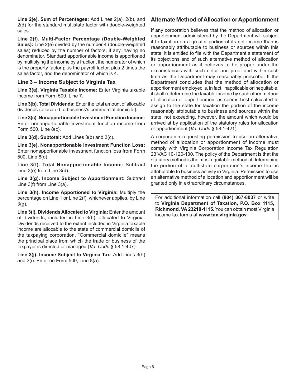 Instructions for Schedule 500A Corporation Allocation and Apportionment of Income - Virginia, Page 6