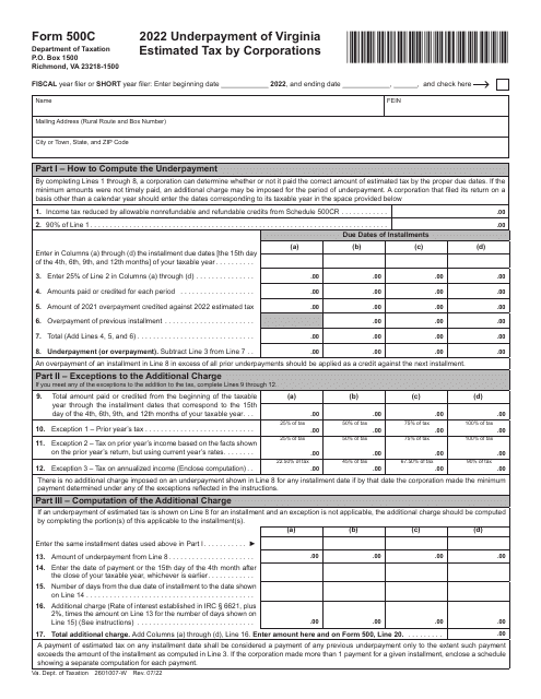 Form 500C Underpayment of Virginia Estimated Tax by Corporations - Virginia, 2022