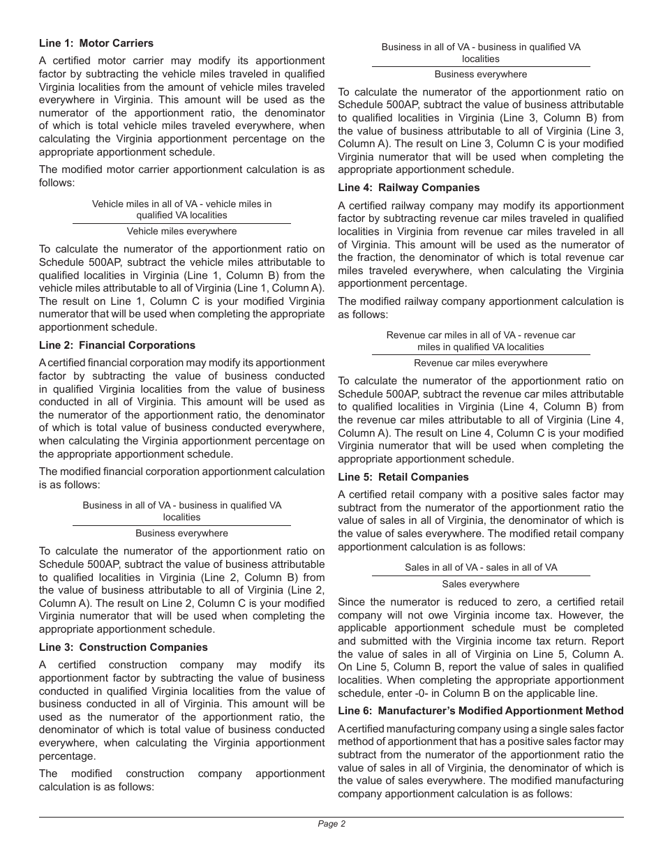 Instructions for Schedule 500AP Modified Apportionment Schedule for Vedp-Certified Companies - Virginia, Page 2