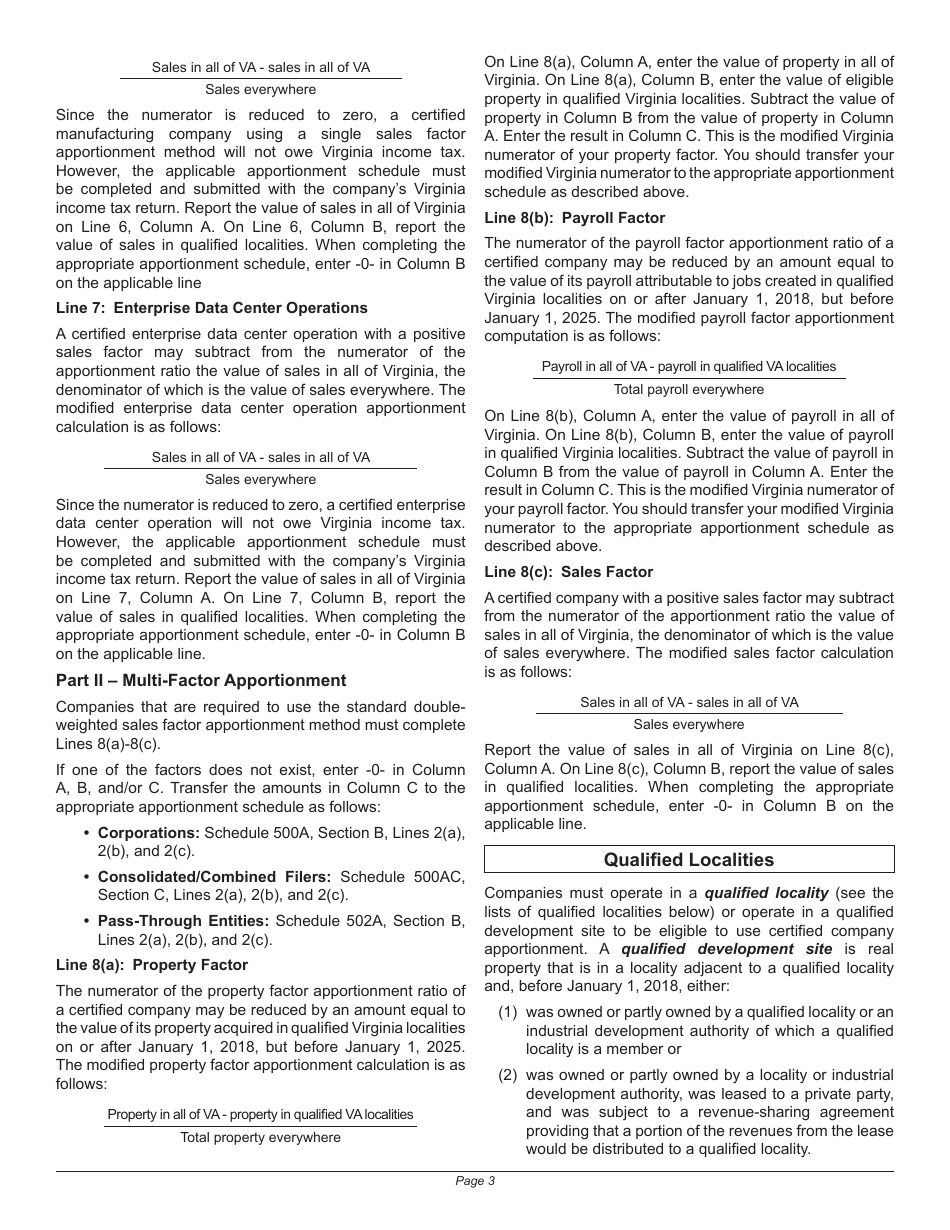 Instructions for Schedule 500AP Modified Apportionment Schedule for Vedp-Certified Companies - Virginia, Page 3