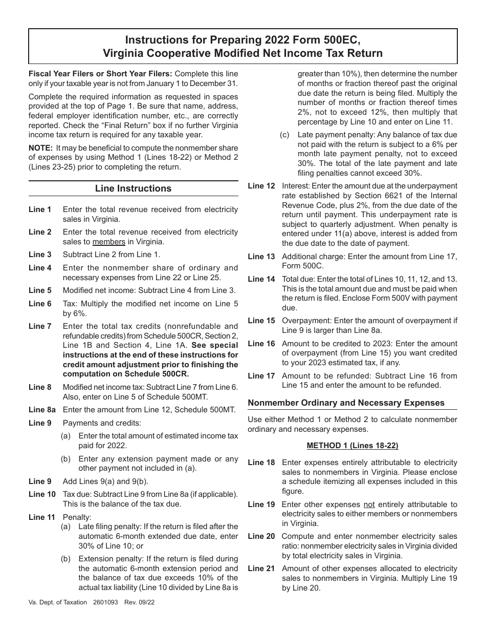 Instructions for Form 500EC Virginia Electric Cooperative Modified Net Income Tax Return - Virginia, Page 1