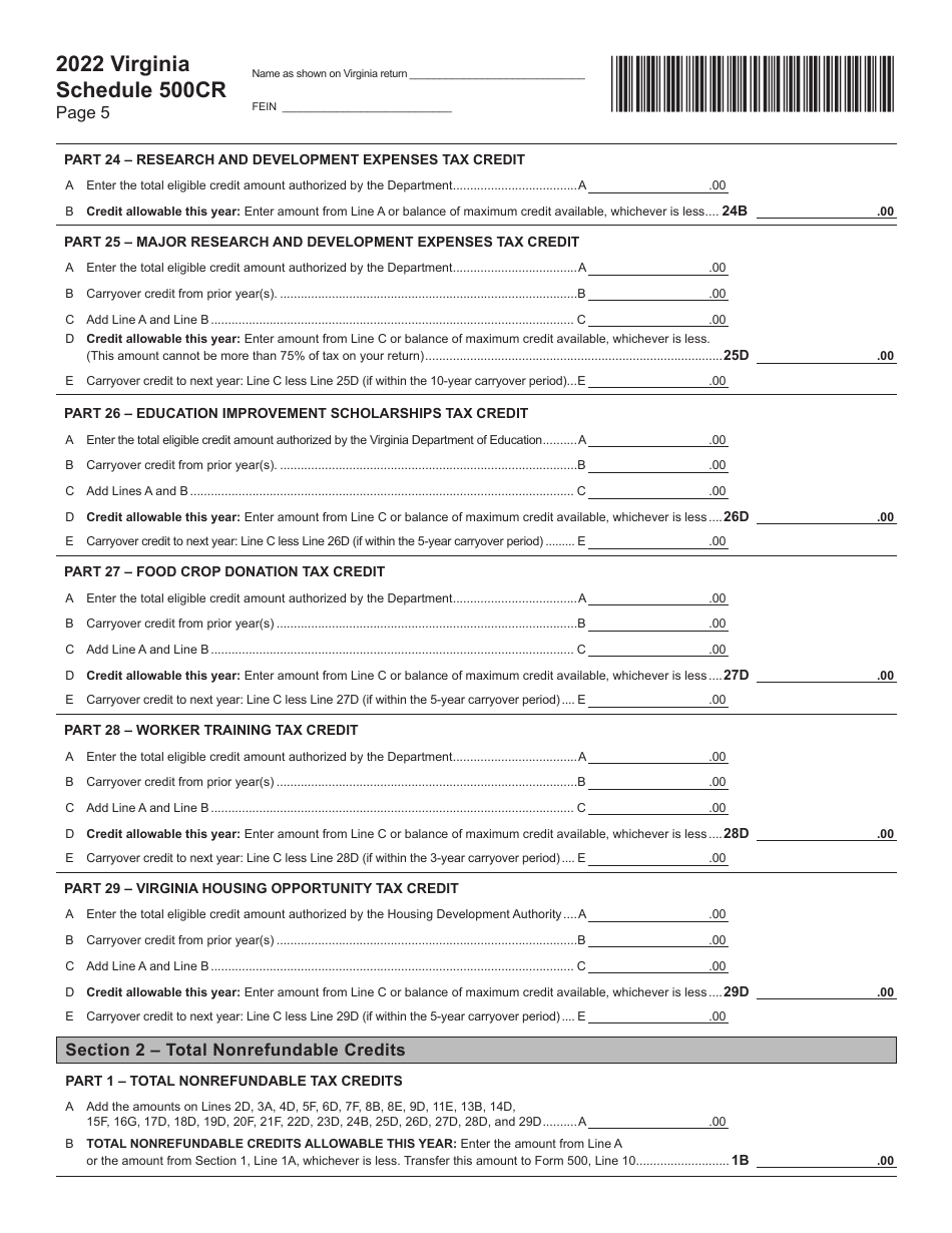 Schedule 500CR Credit Computation Schedule for Corporations - Virginia, Page 5