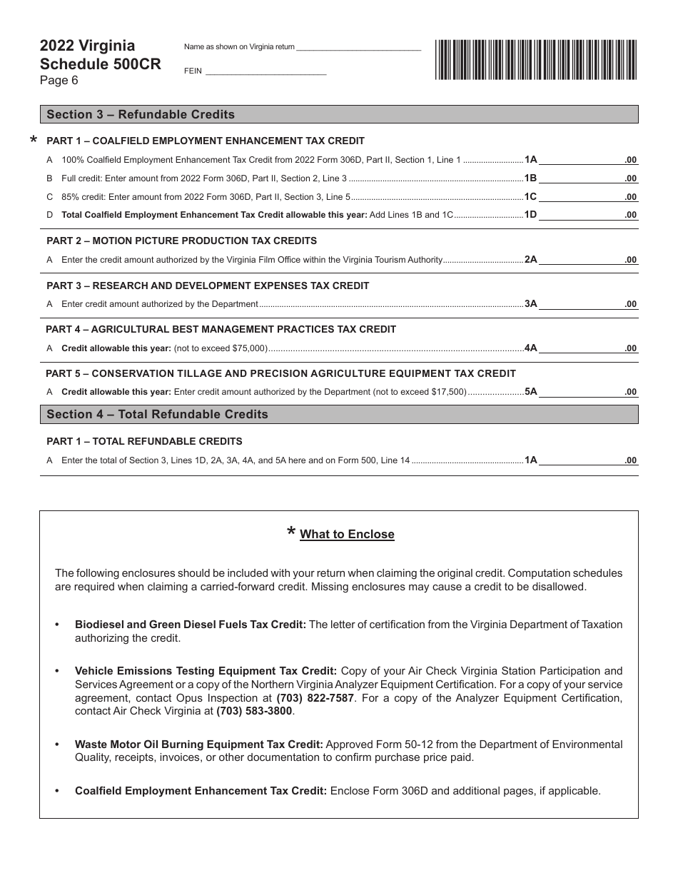 Schedule 500CR Credit Computation Schedule for Corporations - Virginia, Page 6
